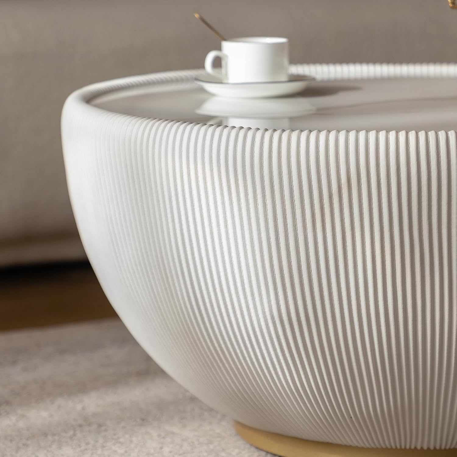 White Round Coffee Table with Sintered Stone Tabletop, 27.56' Drum Coffee Table with Fluted PU Leather Covered and Metal Base, Circle Cocktail Tea Table for Living Room