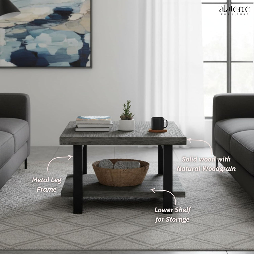 Pomona 27-Inch Square Solid Wood Coffee Table with Metal Legs – Modern Rustic Industrial Small Space Table by Alaterre Furniture (Slate Grey)