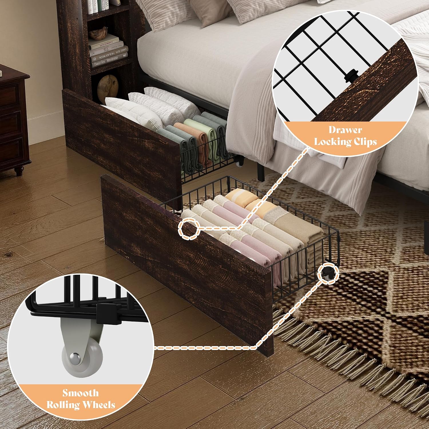 AMERLIFE 45'' Farmhouse King Bed Frame with 4 Drawers, LED Bed Frame with Bookcase Headboard & Side Shelves, Wood Platform Bed with Charging Station, Walnut