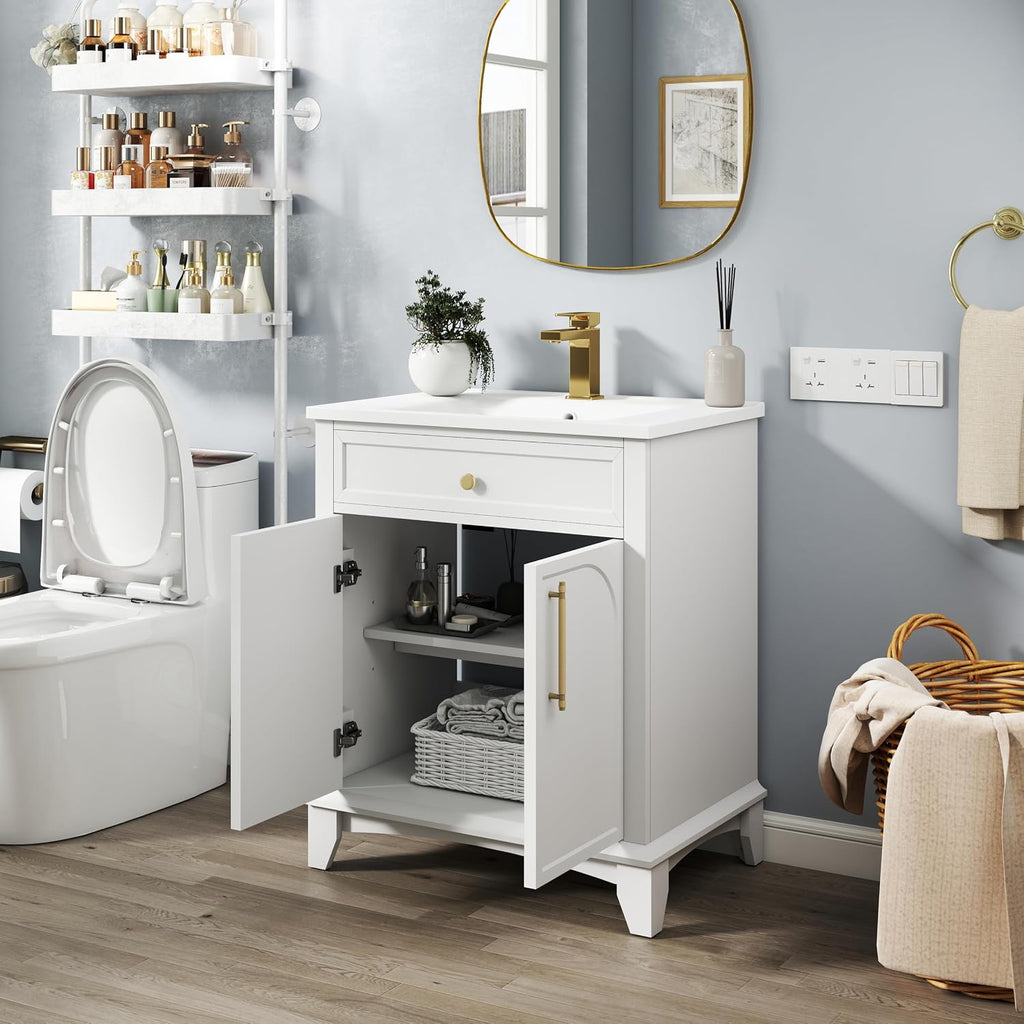 27.8' Bathroom Vanity Sink Combo, White | Integrated Ceramic Sink, Adjustable Shelves, Gold Metal Handles, Solid Wood Base, 19'Dx28.3'Wx34'H