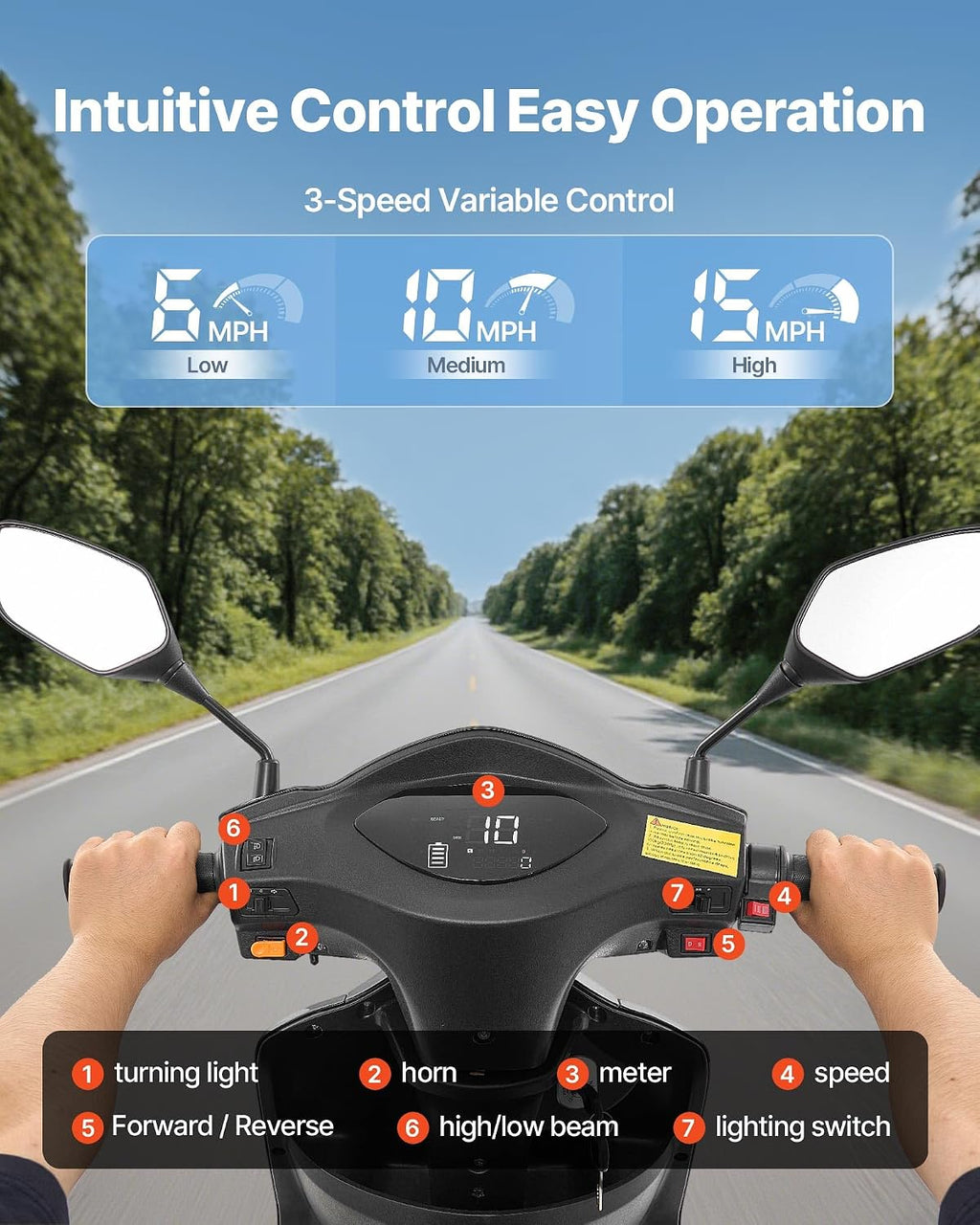 VEVOR Heavy Duty 3-Wheel Mobility Scooters for Seniors & Adults, 500lbs Capacity, 21.5 Miles 3-Speed Long Range, 1000W All Terrain Electric Recreational Scooter Wheelchair, 20° Max Climbing Capacity