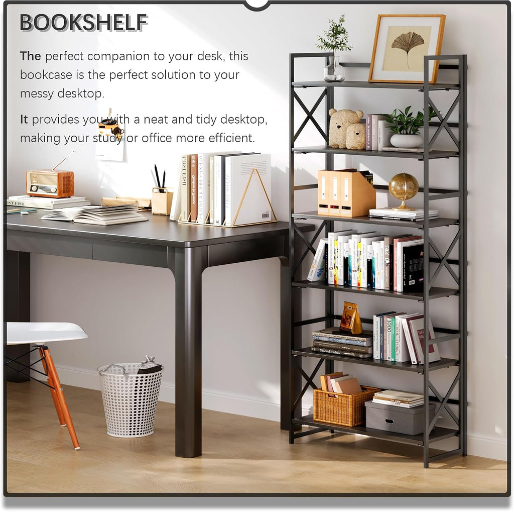 4NM 6 Tiers No Assembly Book Shelves, 61.8' H Folding Bookshelf Bookcase Open Industrial Foldable Shelves for Bedroom, Living Room, Home Office - All Black