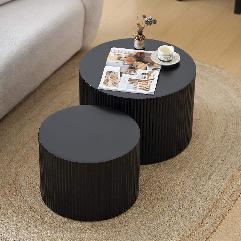 Nesting Coffee Table Set of 2, Modern Drum Side End Wave Stripe Round Coffee Table for Living Room, Bedroom, Black