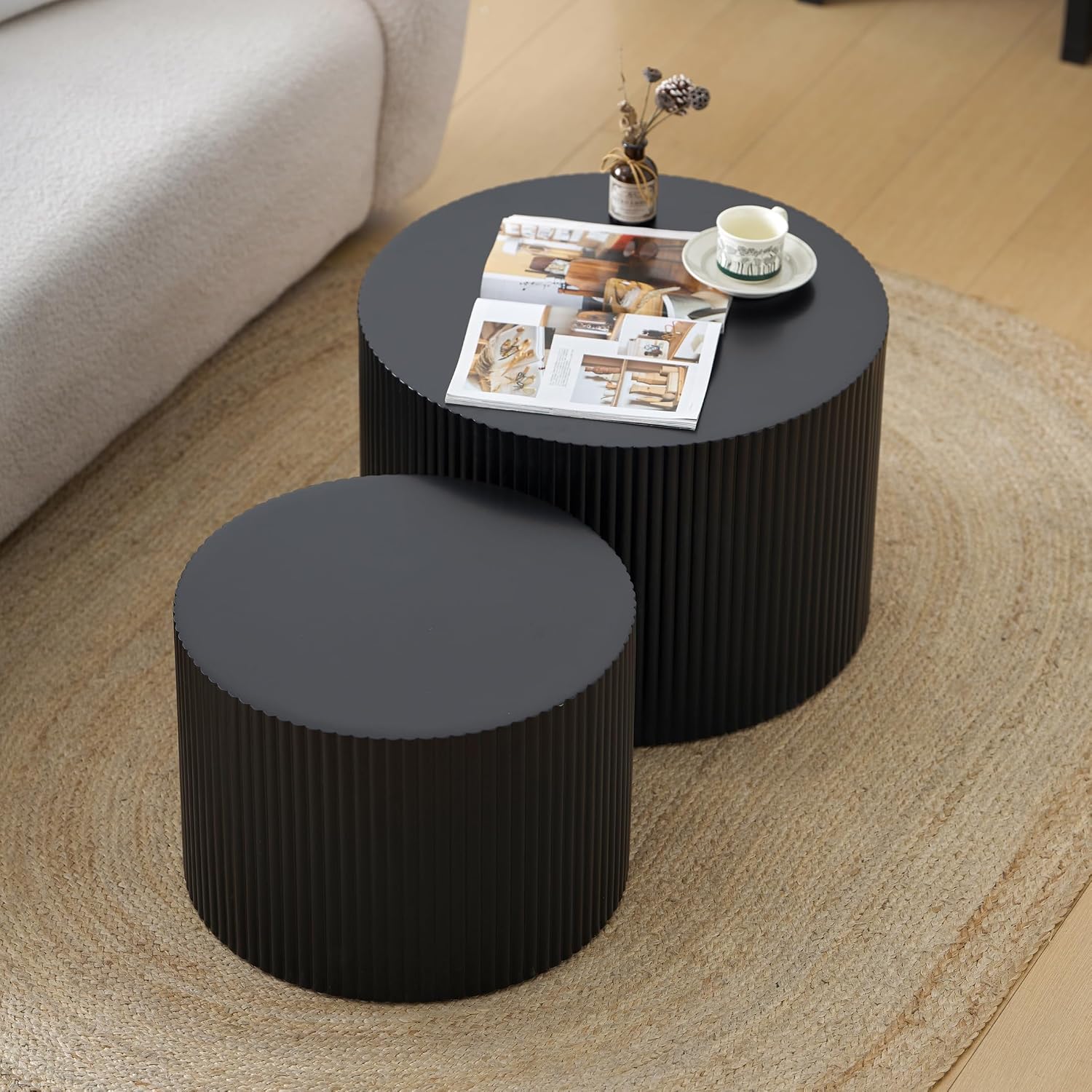 Nesting Coffee Table Set of 2, Modern Drum Side End Wave Stripe Round Coffee Table for Living Room, Bedroom, Black