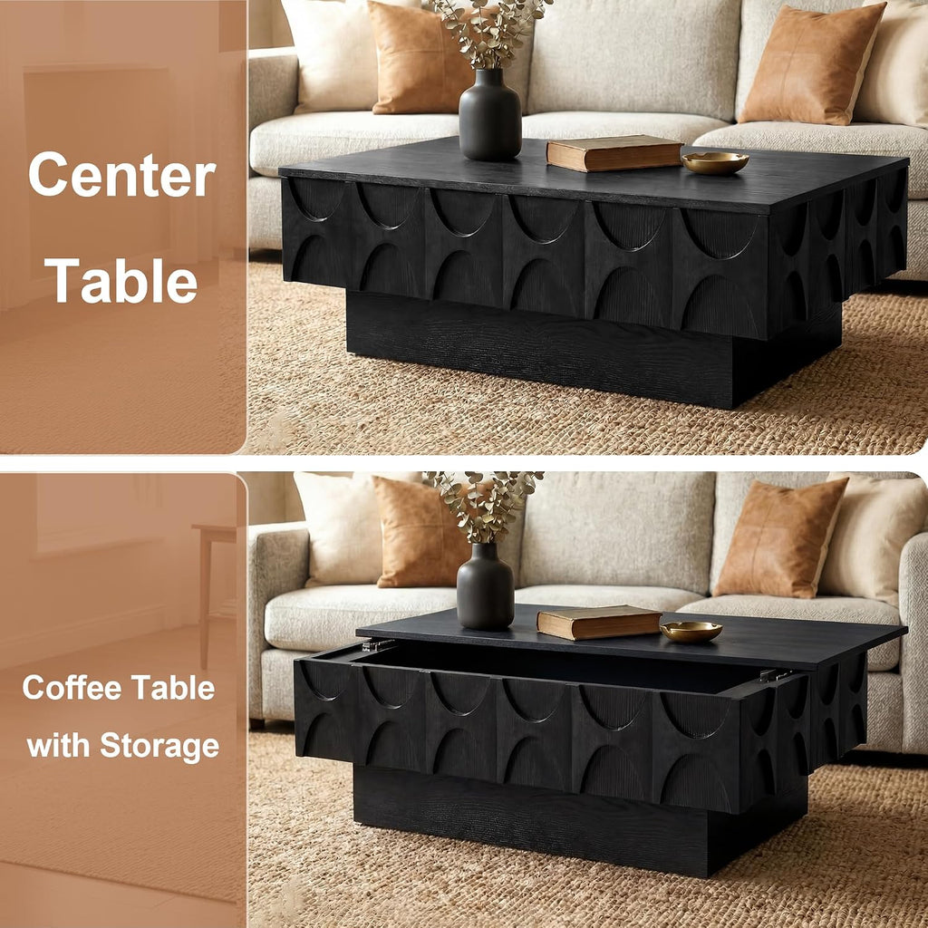 Solid Wood Veneer Coffee Table with Storage & Sliding Top, 38.6' Modern Mid Century Rectangle Center Table for Living Room, Home Office, Black