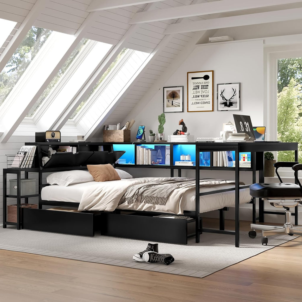 Twin Corner Bed Frame with Storage Drawers, Twin Daybed with Built-in Bookshelf & LED Light, L Shaped Twin Beds with Charging Station for Kids Teens, Black