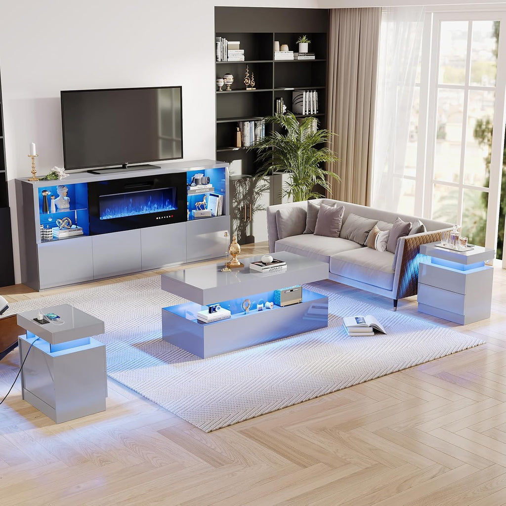 AMERLIFE 5-Piece Modern High Gloss Living Room Table Set, 68' TV Stand, 40' Fireplace, 2-Tier LED Light Coffee Table & 2 End Tables with Large Drawer/Charging Station, Entertainment Center Sets, Grey