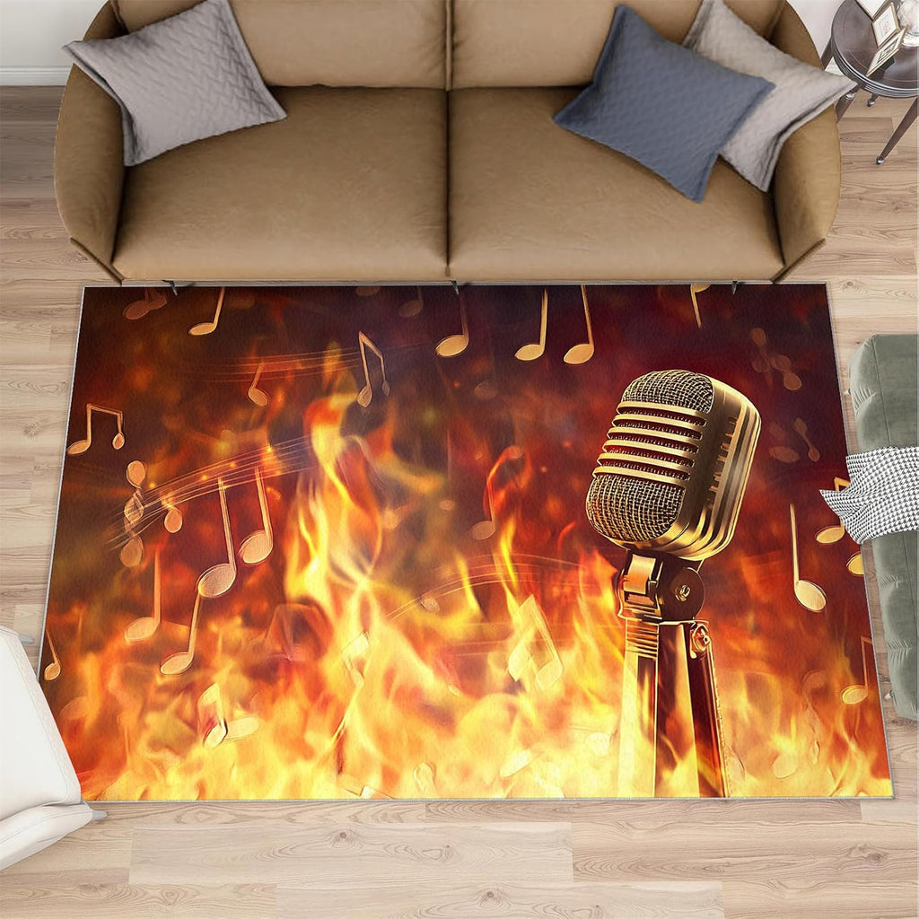 Microphone Rug Large - 5x7 Rug, Flame Area Rugs for Living Room, Passion Music Washable Carpet for Bedroom, Musical Note Rugs, Boys Room Carpet - Microphone Home Decor & Gift