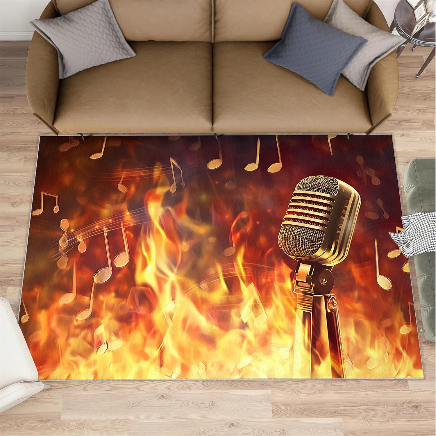 Microphone Rug Large - 5x7 Rug, Flame Area Rugs for Living Room, Passion Music Washable Carpet for Bedroom, Musical Note Rugs, Boys Room Carpet - Microphone Home Decor & Gift