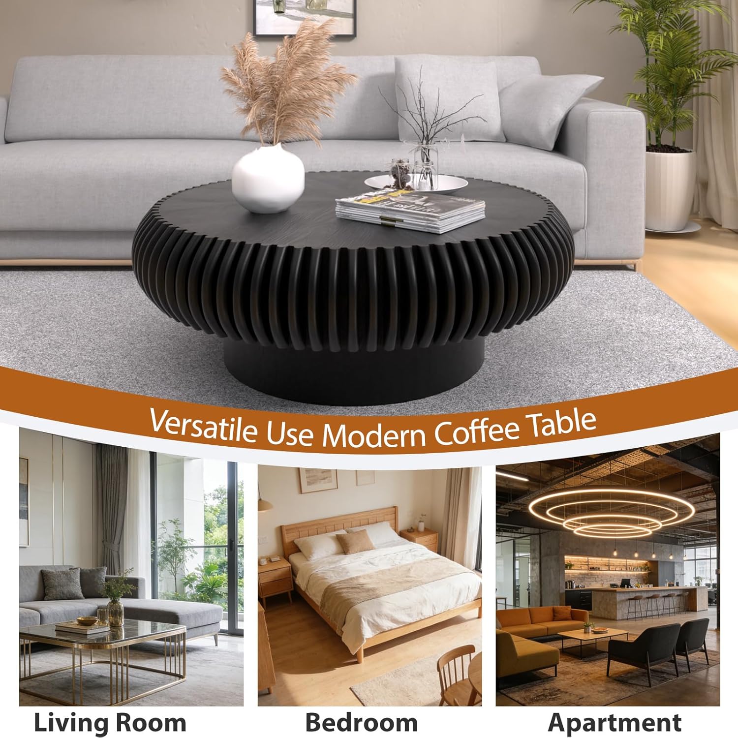 Round Drum Coffee Table with Sturdy Pedestal, Modern Wooden Fluted Coffee Table, Circle Center Table Accent Tea Table for Living Room Apartment Office Reception Room (Black D31.5)