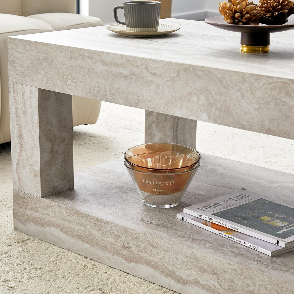 39.4' Faux Mars Coffee Table with Storage, 2-Tier Travertine Coffee Table with Thick Tabletop, Mid Century Travertine Cocktail Center Tea Tables with Bottom Shelf for Living Room, Office, Apartment