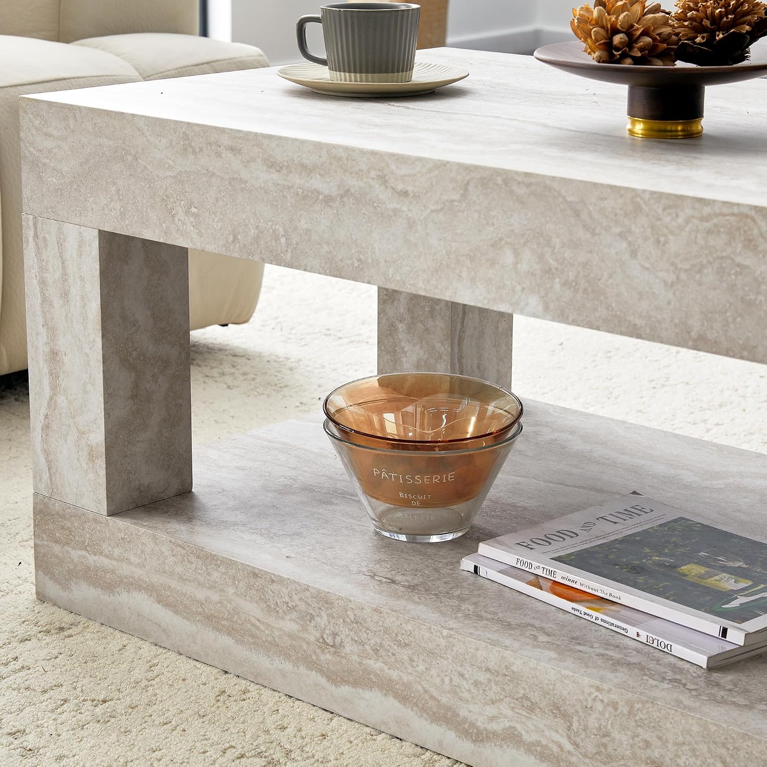 39.4' Faux Mars Coffee Table with Storage, 2-Tier Travertine Coffee Table with Thick Tabletop, Mid Century Travertine Cocktail Center Tea Tables with Bottom Shelf for Living Room, Office, Apartment