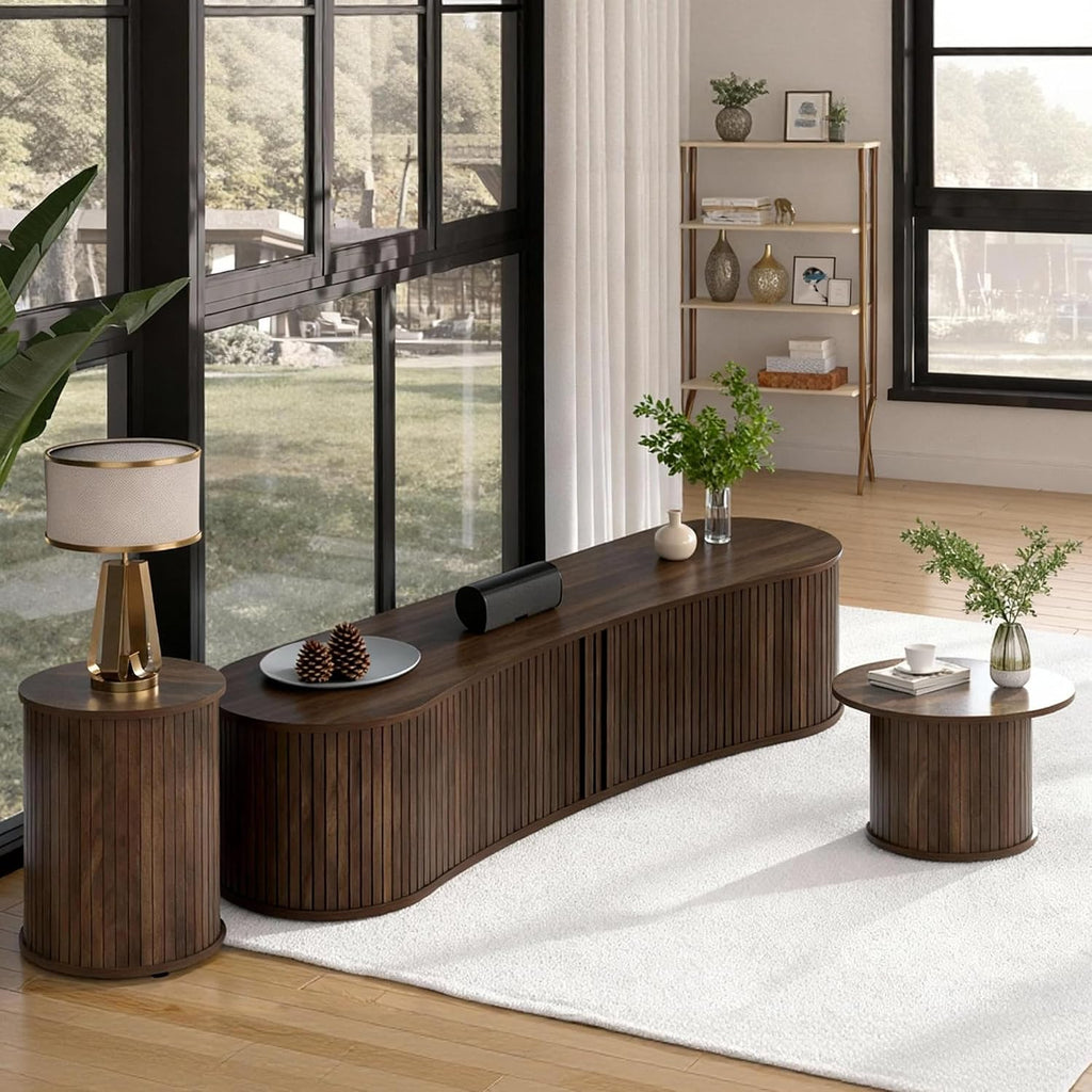 TV Stand and Coffee Table Set of 3, Living Room Table Set Fluted End Table & Coffee Table & 59' Low TV Stand with Sliding Doors, No Screws Ultra Fast Assembly, Walnut