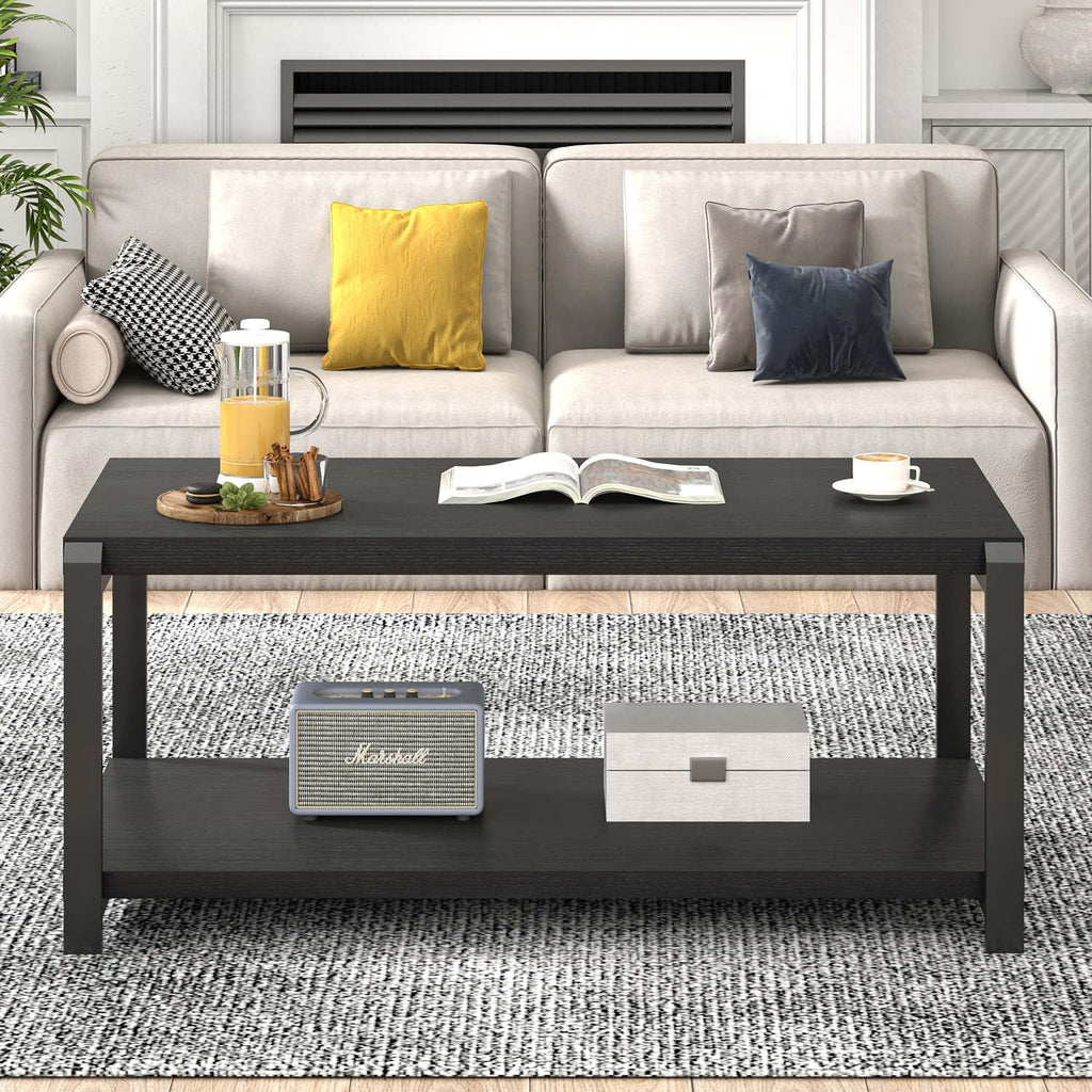 EXCEFUR Black Coffee Table, Modern Rustic Wood Center Table for Living Room, Industrial Rectangle Cocktail Tea Table with Storage Shelf