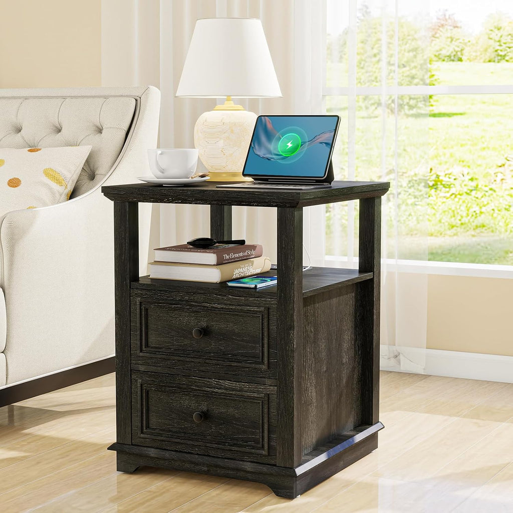 Vipbear Farmhouse Nightstand 18' Dark Gray End Table with Charging Station & 2 Drawers, Rustic Bedside Table with Storage Shelf for Bedroom, Living Room,18.1' D x 18.1' W x 24.2' H, Set of 2