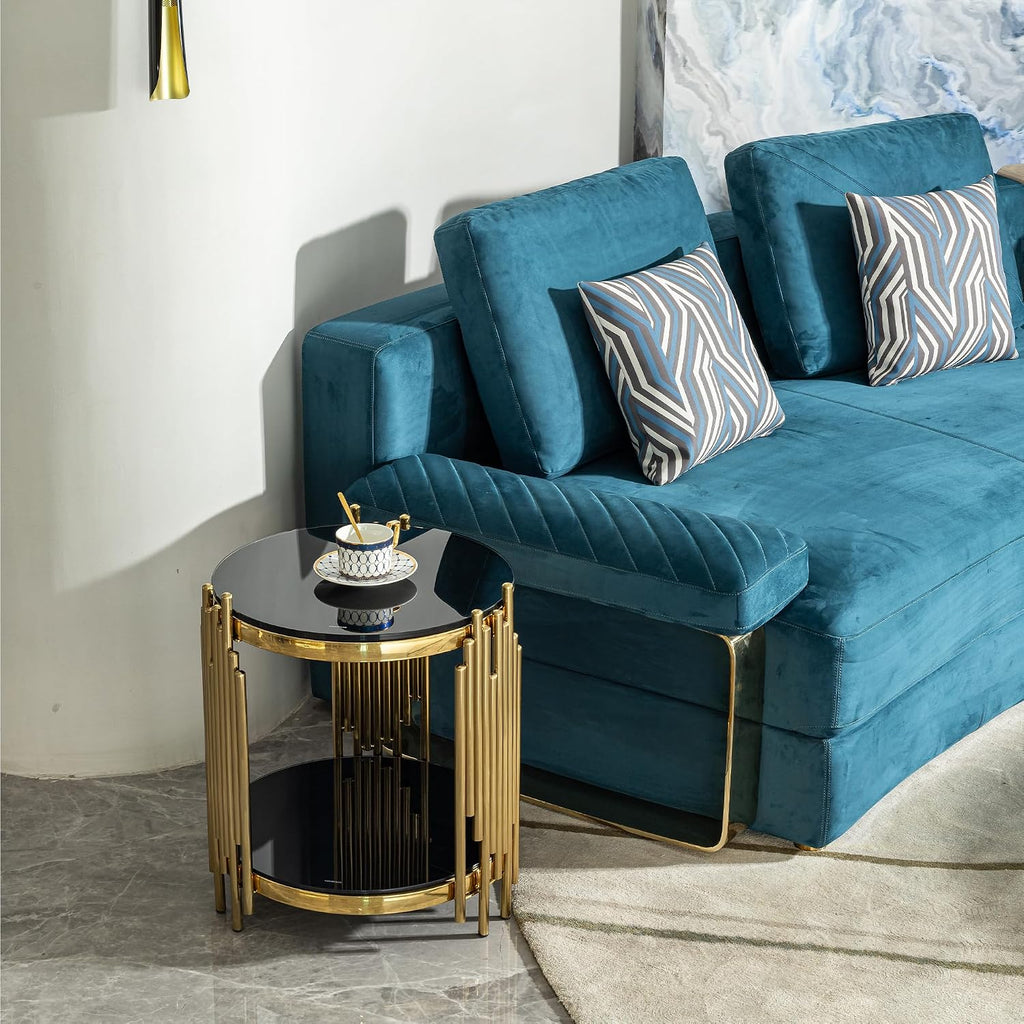 Luxury Gold Round Glass End Table, 17.7' Modern Side Table with Stainless Steel Irregular Leg Black Tempered Glass Tabletop, Accent Furniture for Living Room, Black