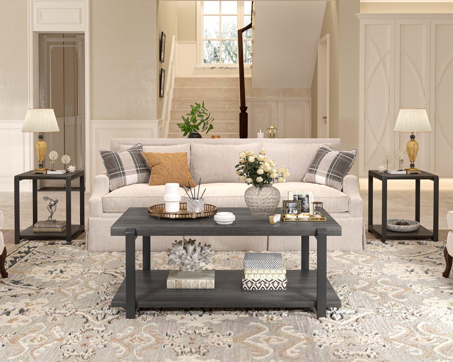 FOLUBAN Modern Coffee Table, Rustic Wood Center Table with Storage for Living Room, Dark Gray