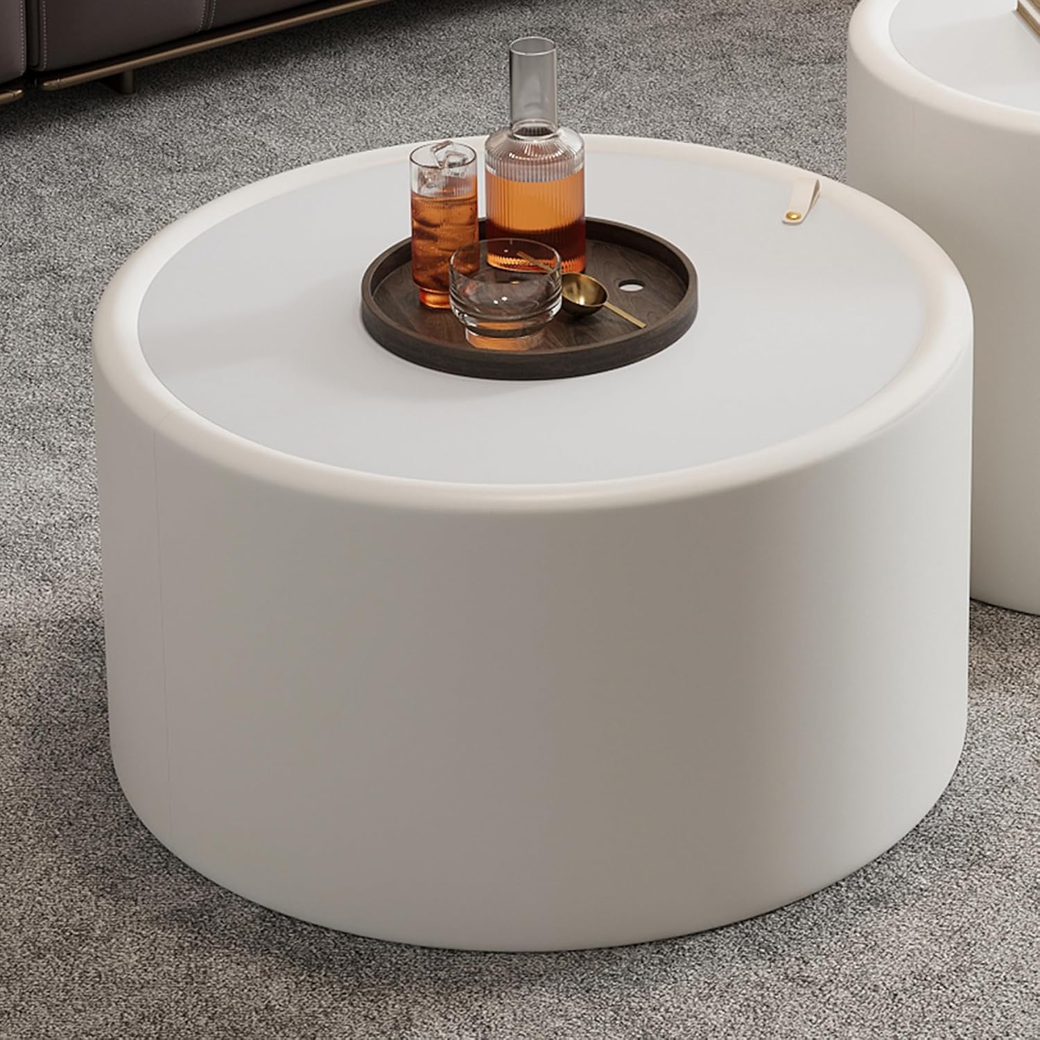 White Round Coffee Table with Hidden Storage, 27.56' Drum Coffee Table with Tempered Glass Top and PU Leather Body, Circle Cocktail Tea Table for Living Room, No Assemble