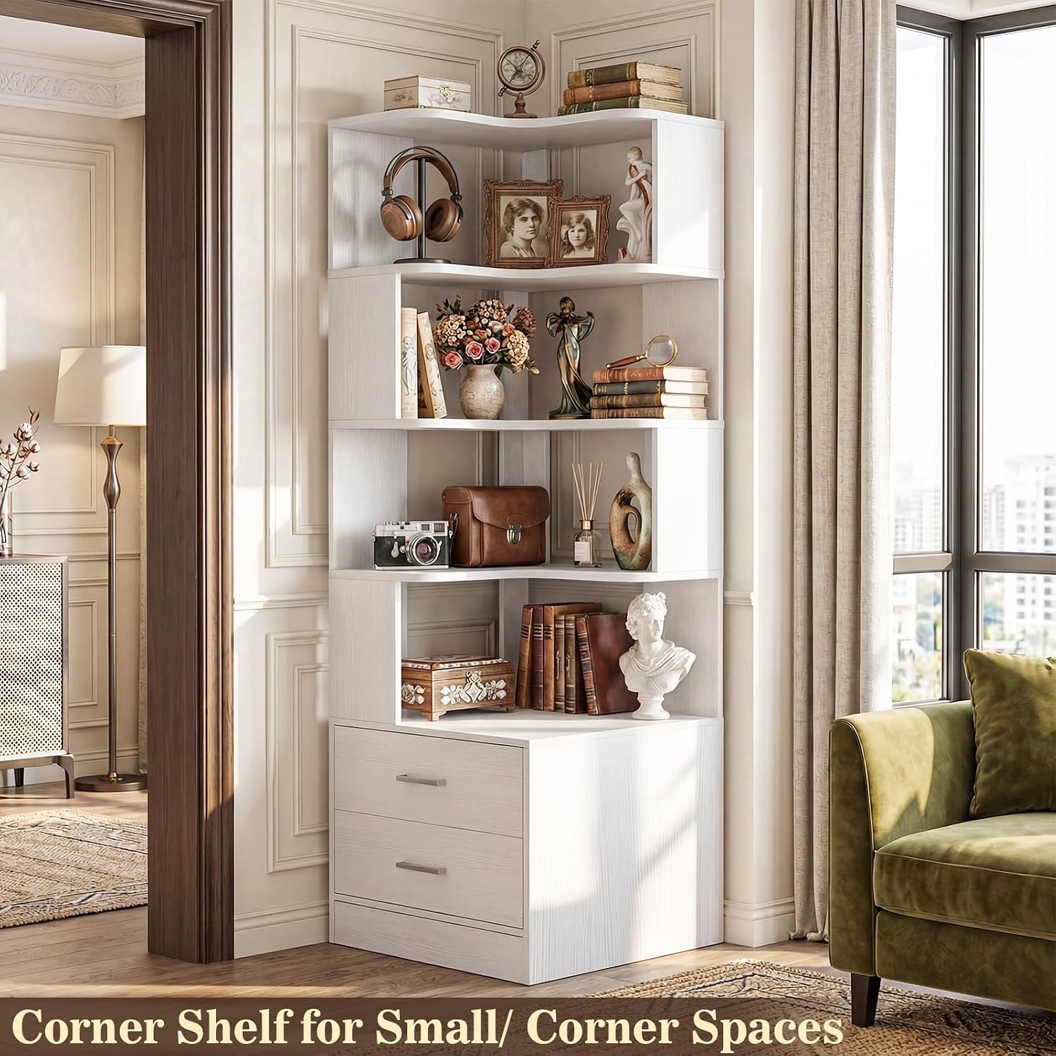 Armocity Corner Bookshelf with Drawers, 7 Tier Corner Book Shelf Display Bookcase, Freestanding L Shaped Bookshelf for Bedroom, Living Room, Home Office, White