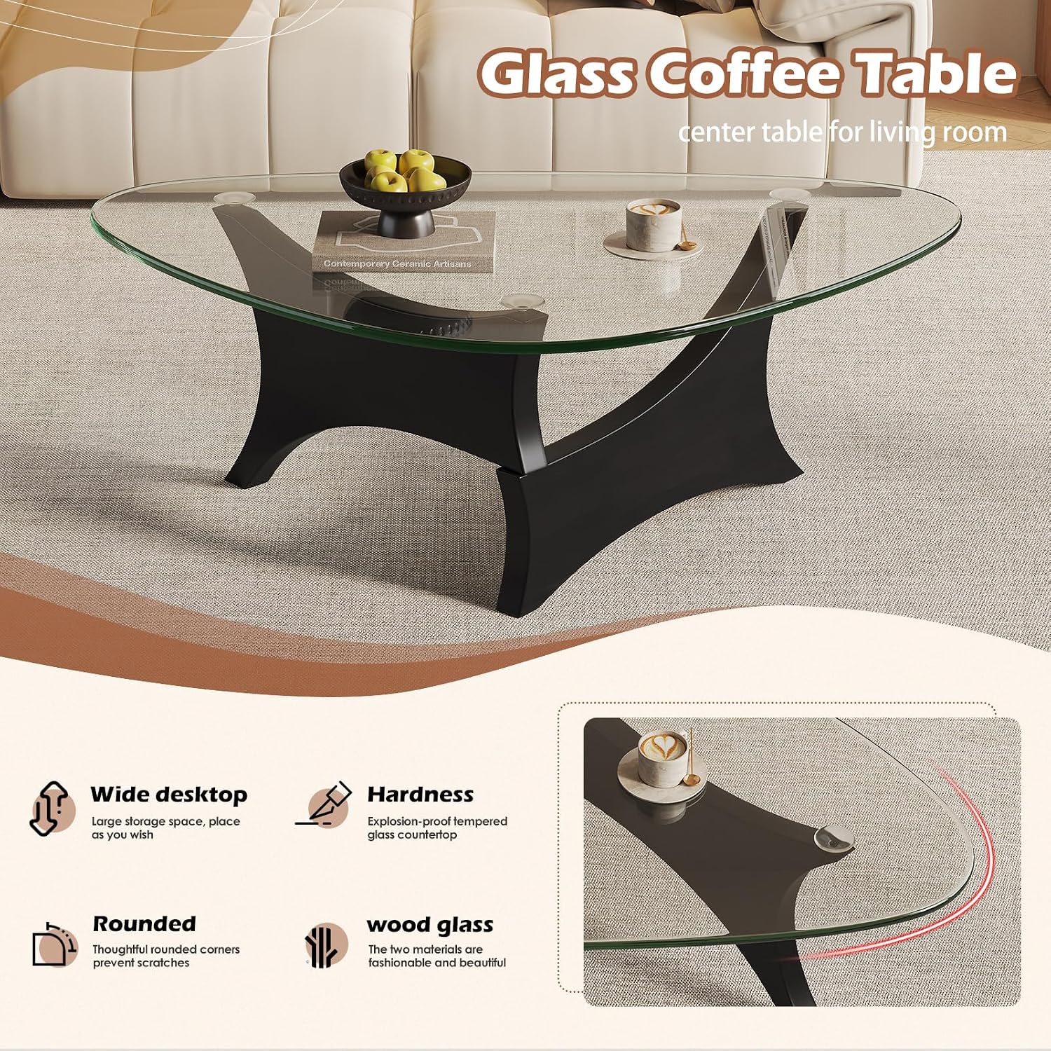 Glass Coffee Table Mid-Century Modern Coffee Table for Living Room Center Table Suitable for Bedroom Living Room Reception Office Tables（Black/Transparent，Medium）