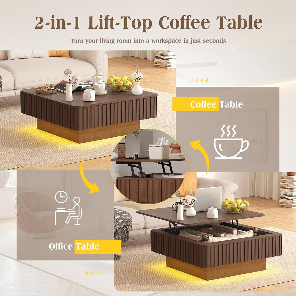 MAGIC UNION 35.4' Square Fluted Lift Top Coffee Table with Storage, Large Mid Century Modern Coffee Table with LED Lights & Charging Station, Center Table for Living Room, Home Office, Walnut