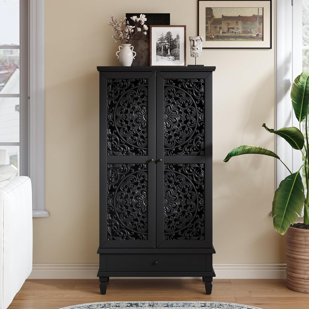 JIJIWANG Rustic 55'' Hollowed-Out Carving Storage Cabinet with 2 Doors and Shelves,French Wood Accent Cabinet with Distressed Finish,Buffet & Sideboard for Living Room,Entryway,Bedroom,Black