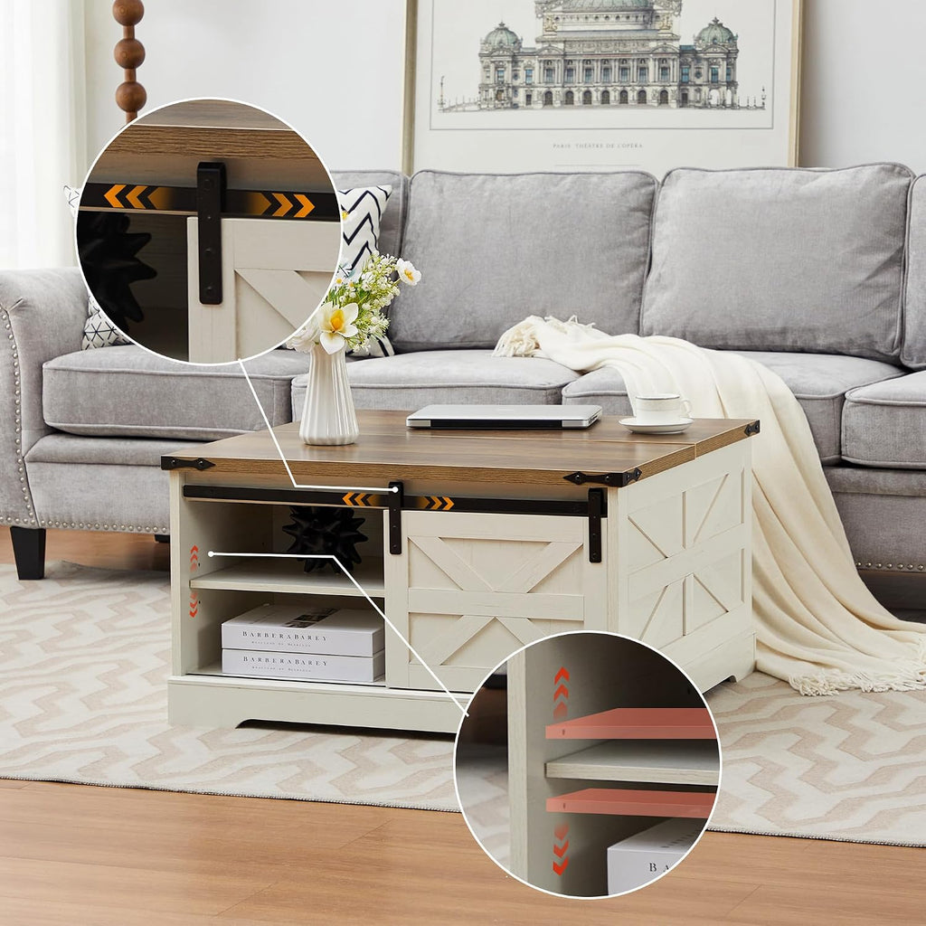 Farmhouse Lift Top Coffee Table, Wood Square Coffee Table with Sliding Barn Door and Adjustable Shelf Rustic Center Table with Hidden Storage Compartment for Living Room, Rustic White