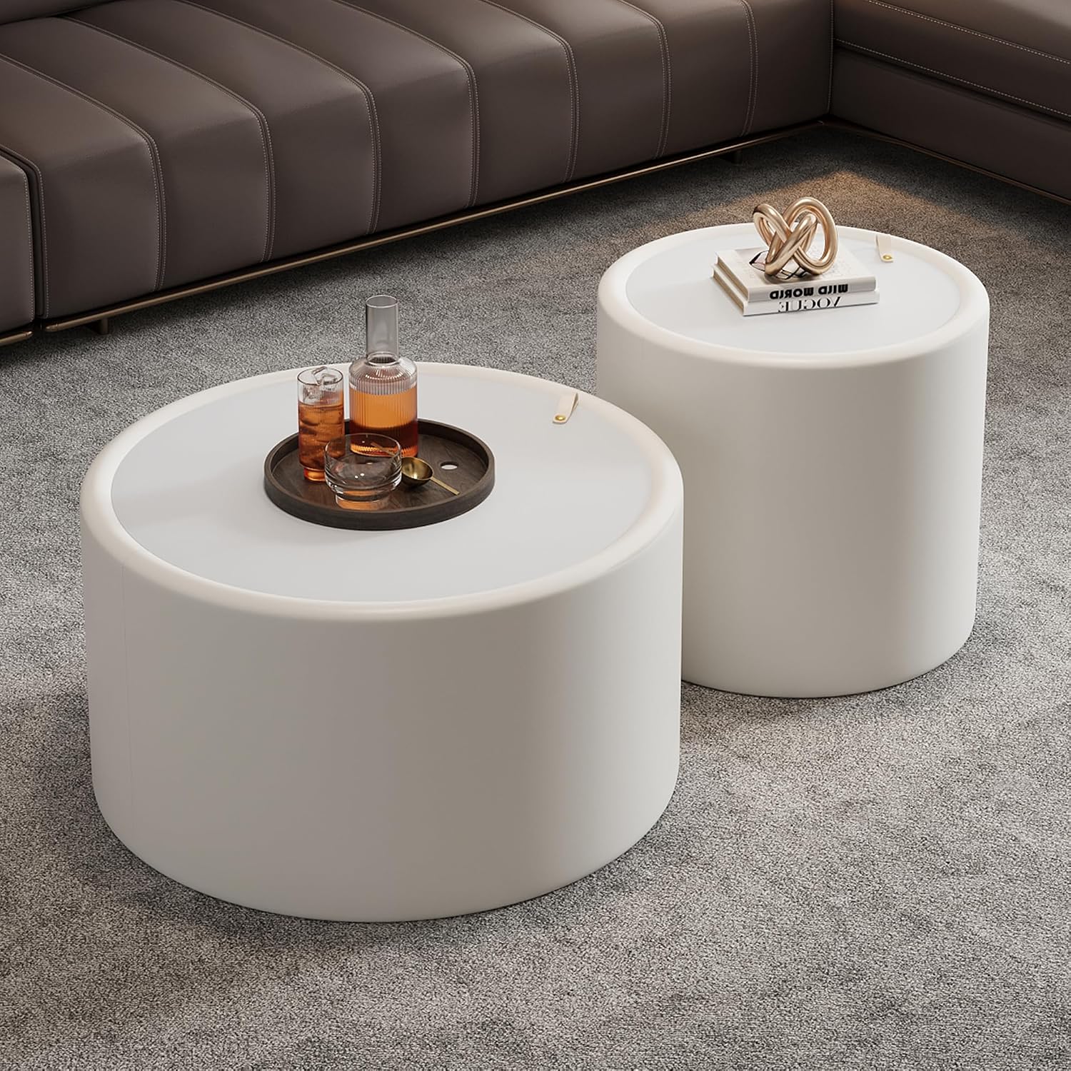 White Round Coffee Table with Hidden Storage, 19.69' Drum Coffee Table with Tempered Glass Top and PU Leather Body, Circle Cocktail Tea Table for Living Room, No Assemble
