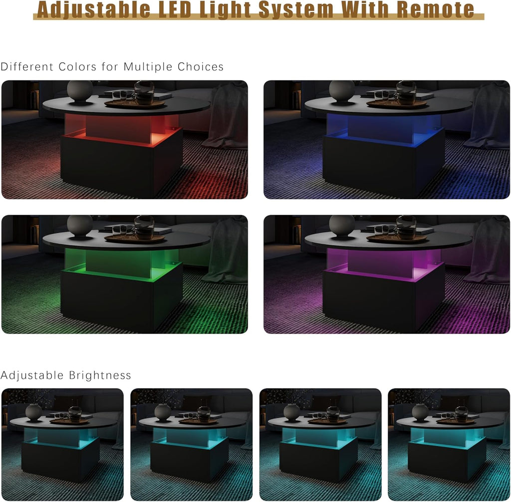 HedoAjim 31.5' Round Coffee Table for Living Room, LED Modern Living Room Table with Storage, Square Acrylic Coffee Tables with 2 Sliding Drawers, Wood Center Table for Reception Dinning Room, Black