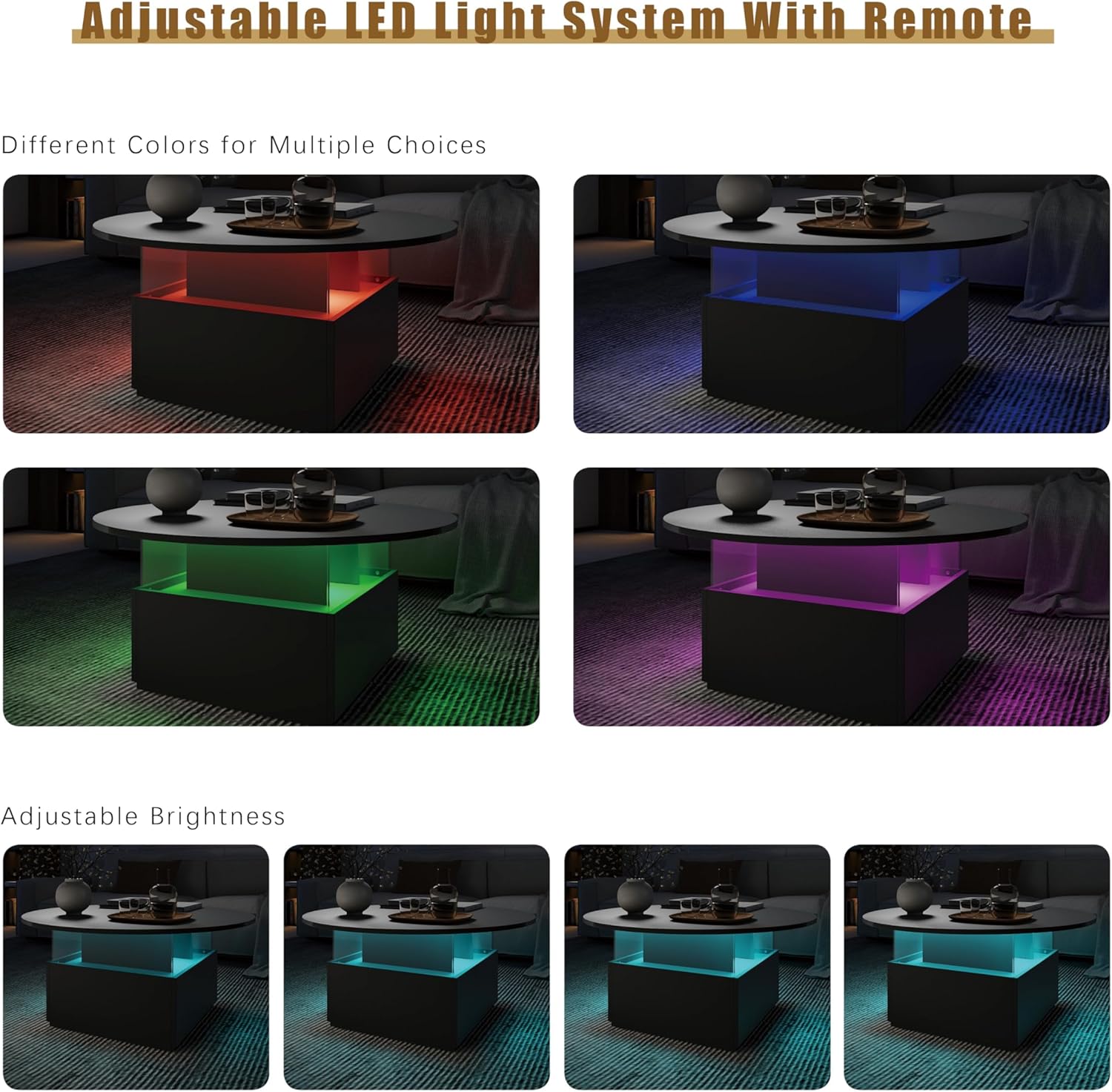 HedoAjim 31.5' Round Coffee Table for Living Room, LED Modern Living Room Table with Storage, Square Acrylic Coffee Tables with 2 Sliding Drawers, Wood Center Table for Reception Dinning Room, Black