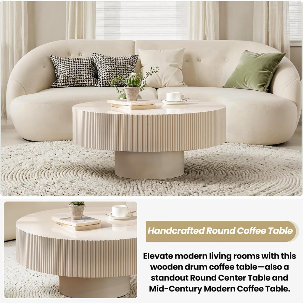 Round Drum Coffee Table with Sturdy Pedestal, Modern Wooden Fluted Coffee Table, Circle Center Table Accent Tea Table for Living Room Apartment Office Reception Room (Beige D30.9)