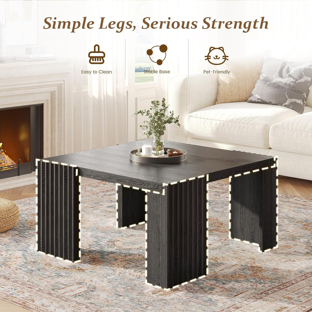 Luoxiao Black Square Fluted Coffee Table for Living Room, Minimalist Modern Accent Center Cocktail Table with 4 Sturdy Legs Wood Living Room Table for Small Space, 27.5-Inch, Easy Assembly