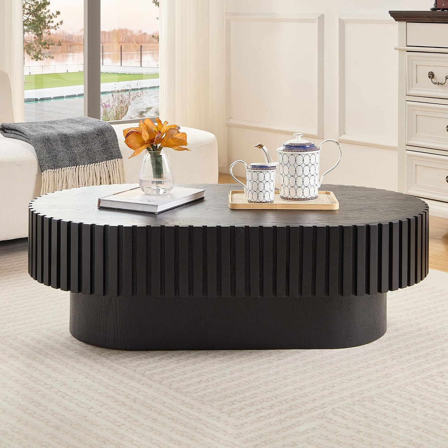 Oval Coffee Table for Living Room Wooden Coffee Table with Pedestal Modern Handcrafted Centre Table Tea Table Easy Assembly 43.7' Black
