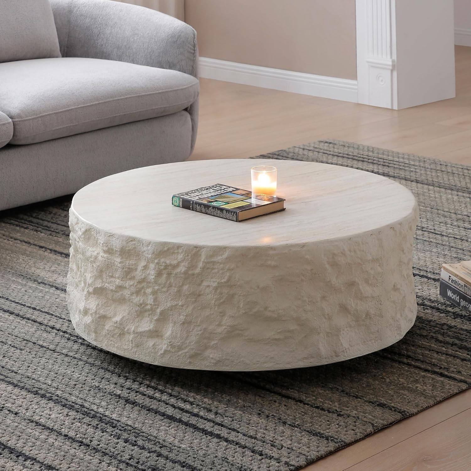 JUSTONE 35.43''Round Coffee Tables for Living Room,Faux Mars Pattern Modern Minimalist Side Tables Accent End Table for Apartment,Office,No Need Assembly,Beige
