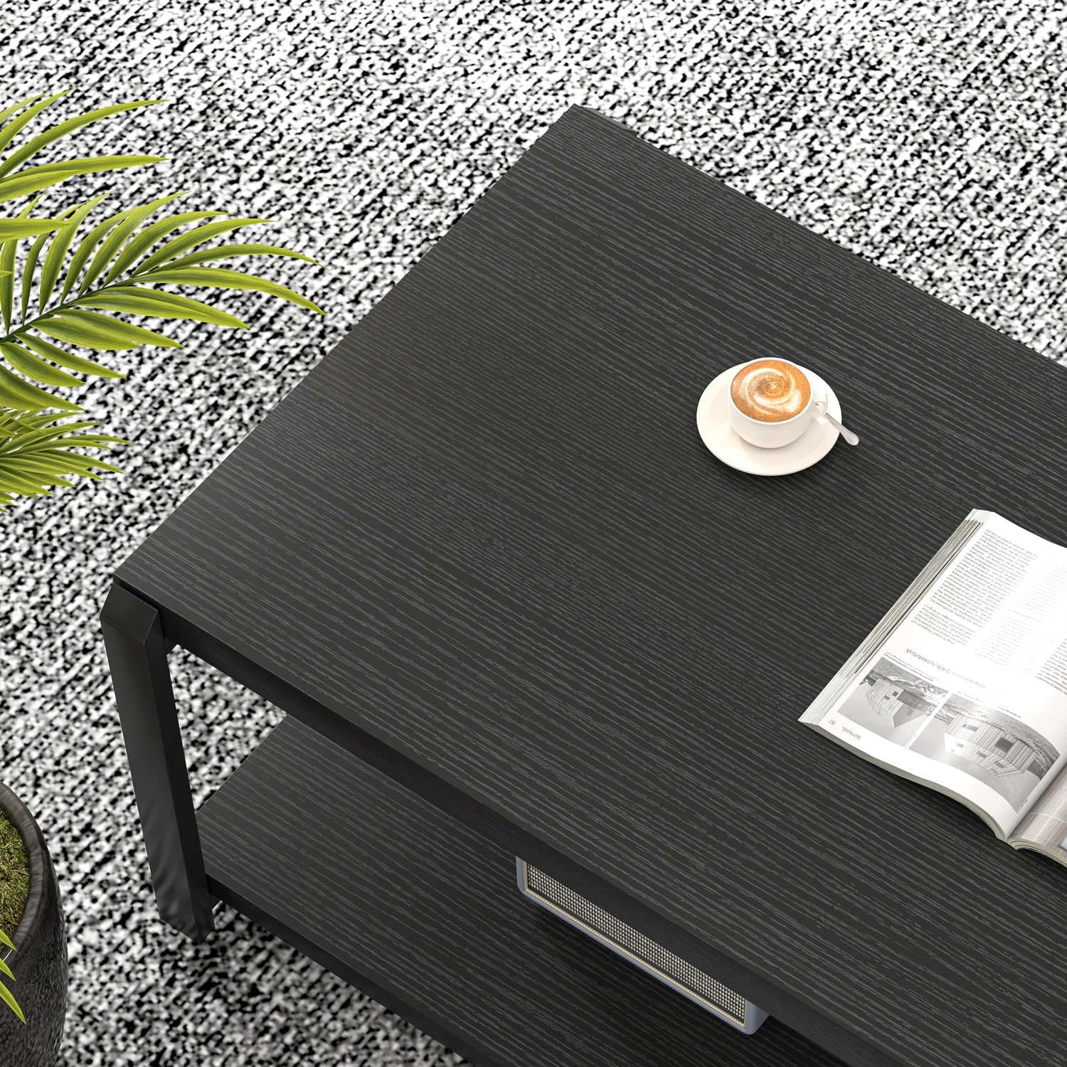 EXCEFUR Black Coffee Table, Modern Rustic Wood Center Table for Living Room, Industrial Rectangle Cocktail Tea Table with Storage Shelf