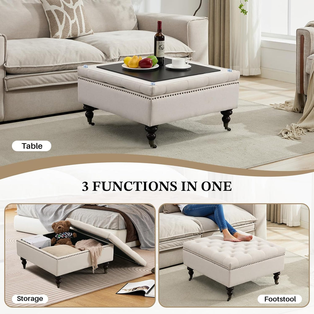 Square Storage Ottoman Coffee Table Tufted Upholstered Large Ottoman with Storage and Rolling Wheels Oversized Footrest Ottomans for Living Room, Beige Linen