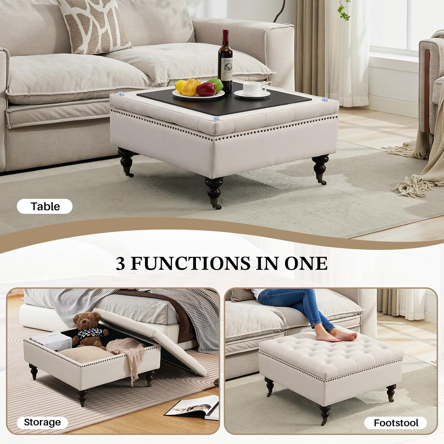 Square Storage Ottoman Coffee Table Tufted Upholstered Large Ottoman with Storage and Rolling Wheels Oversized Footrest Ottomans for Living Room, Beige Linen