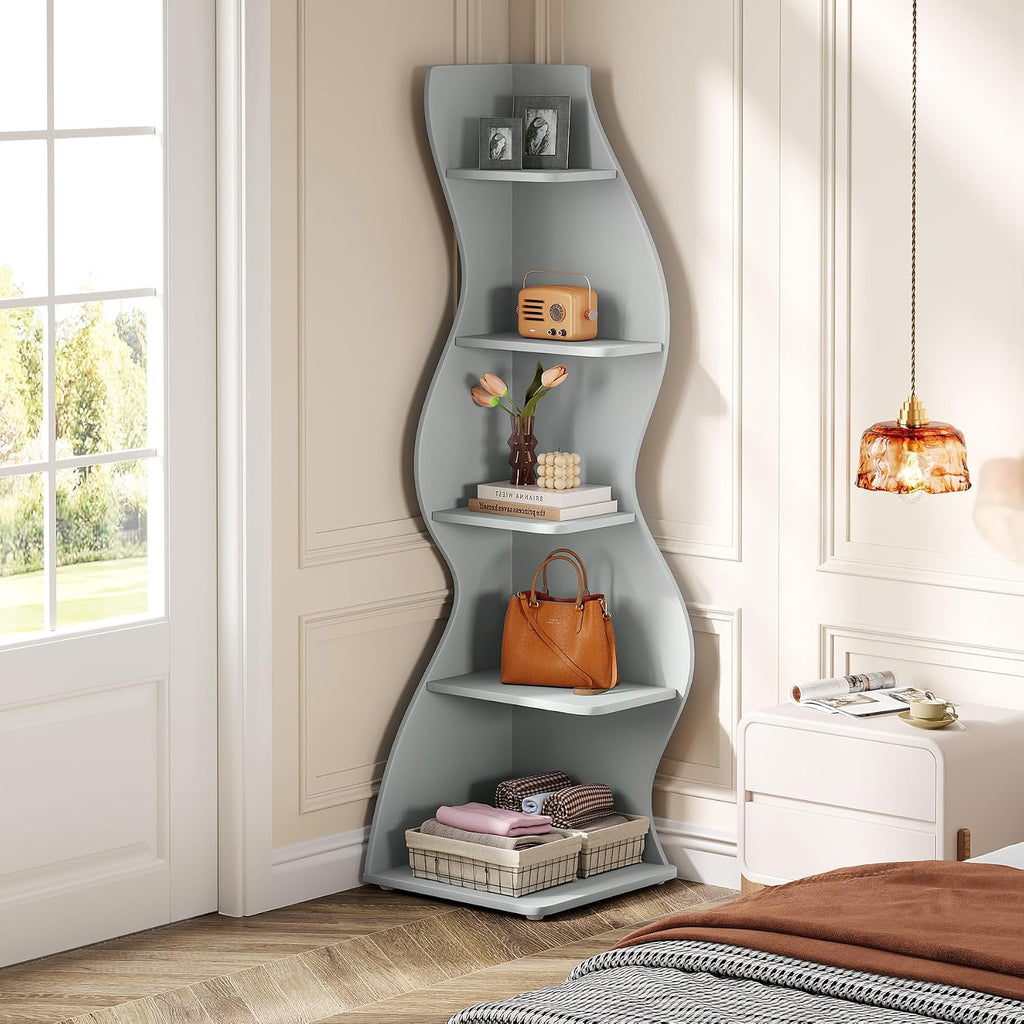 Tribesigns Wavy Corner Shelf Set of 2, Modern 5-Tier Bookshelf Etagere Bookcase with Curvy Shape, Unique Plant Stand Display Shelf for Living Room Small Space (Blue)