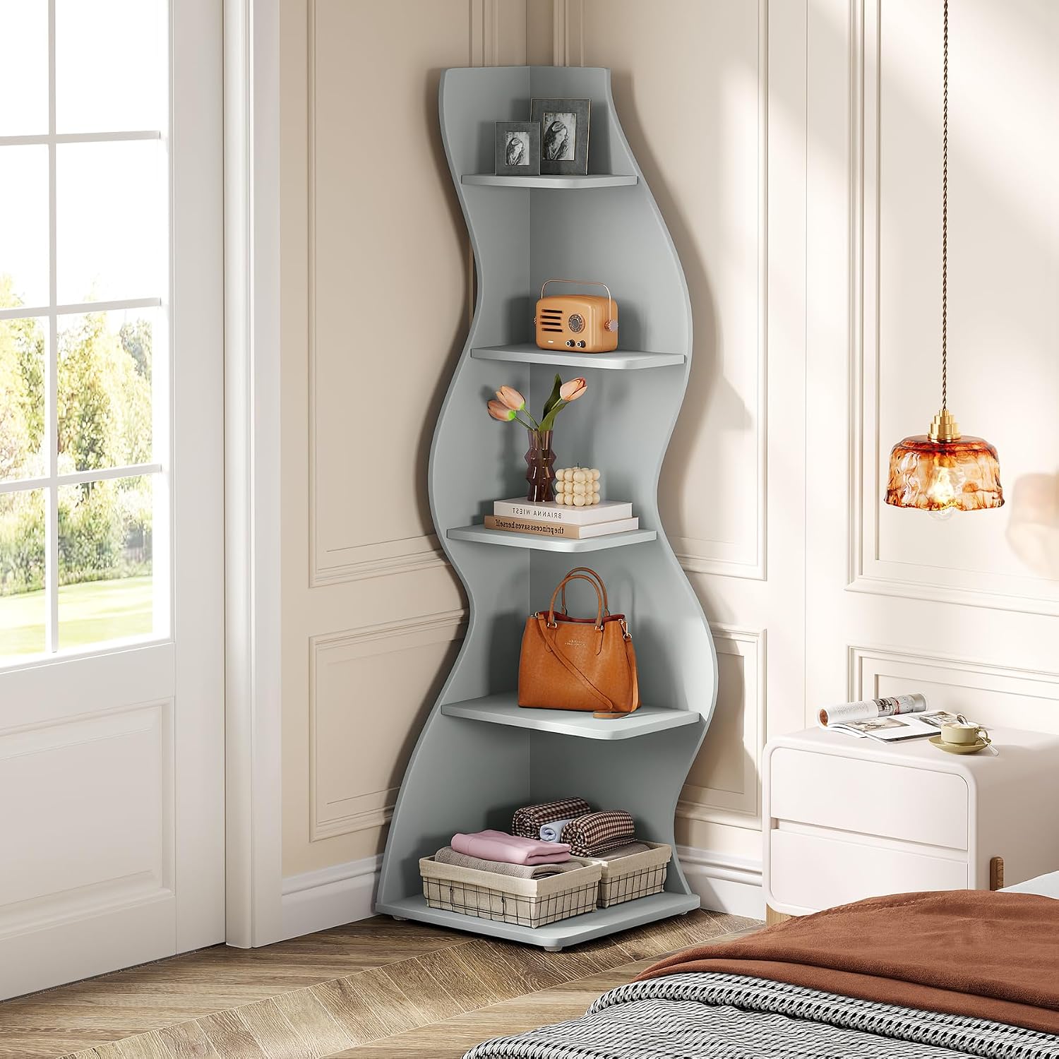 Tribesigns Wavy Corner Shelf Set of 2, Modern 5-Tier Bookshelf Etagere Bookcase with Curvy Shape, Unique Plant Stand Display Shelf for Living Room Small Space (Blue)