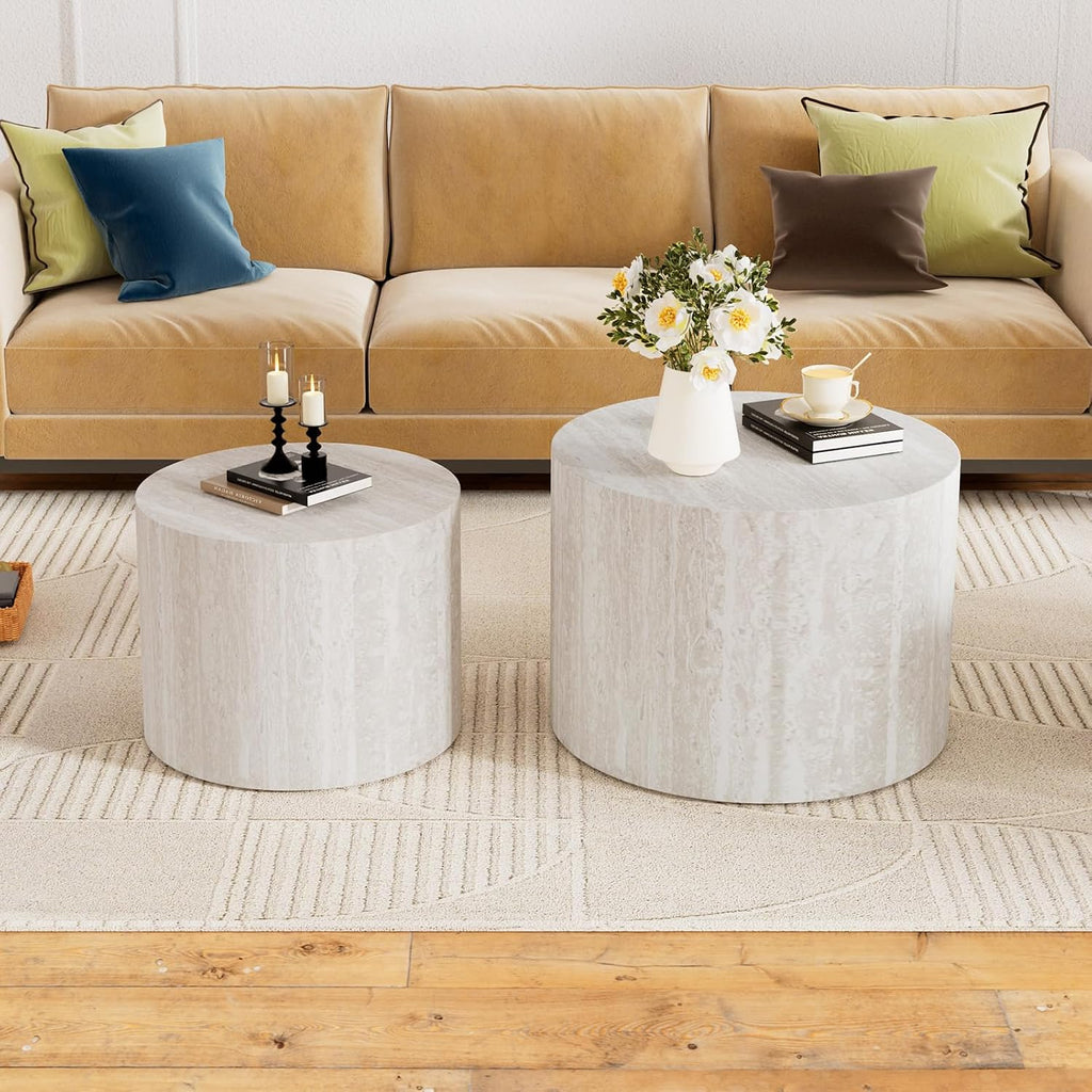 Round Nesting Coffee Table Set of 2, Travertine Coffee Table Circle Drum Side Table Small End Table Minimalist Center Tables for Living Room Office, No Assembly (Travertine)