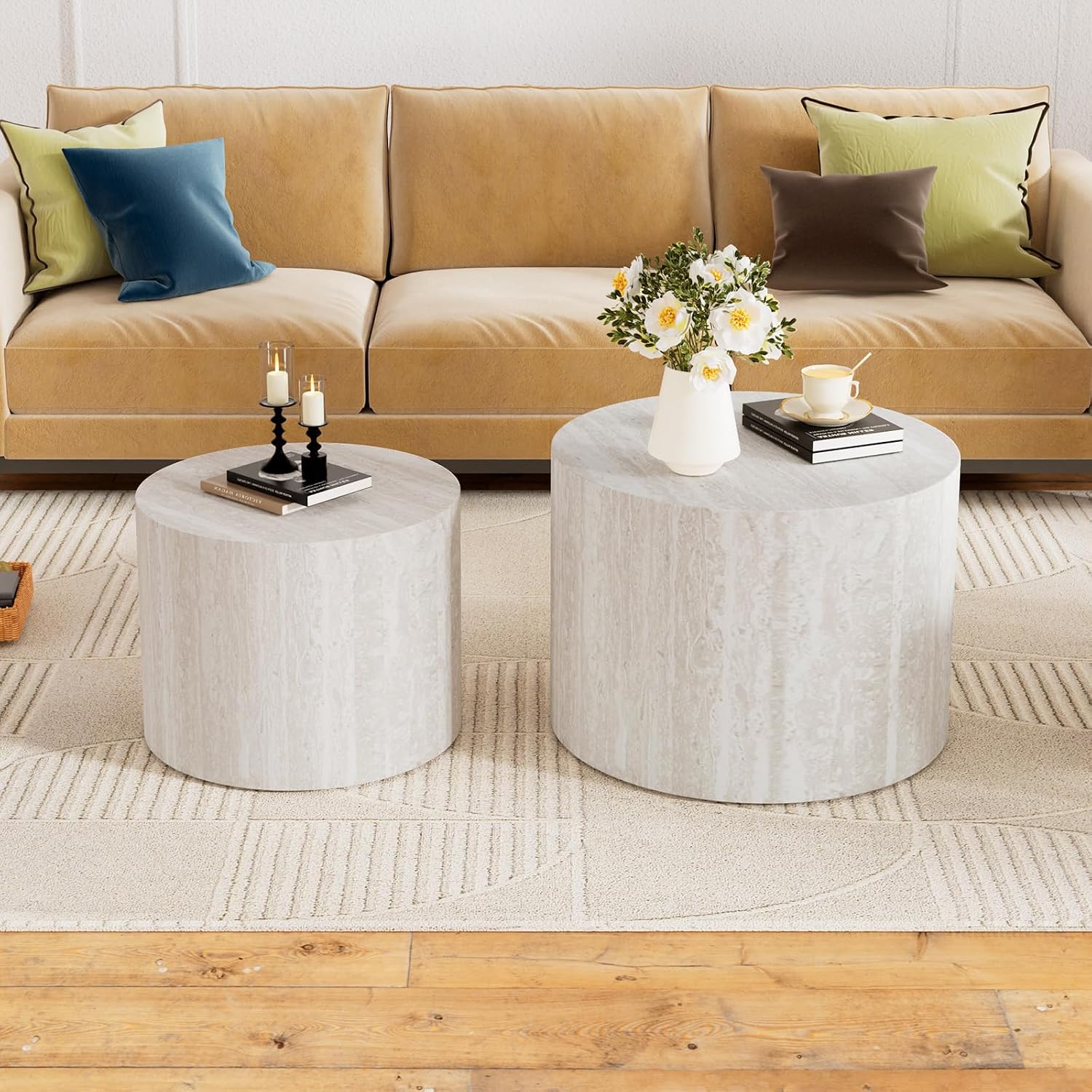 Round Nesting Coffee Table Set of 2, Travertine Coffee Table Circle Drum Side Table Small End Table Minimalist Center Tables for Living Room Office, No Assembly (Travertine)