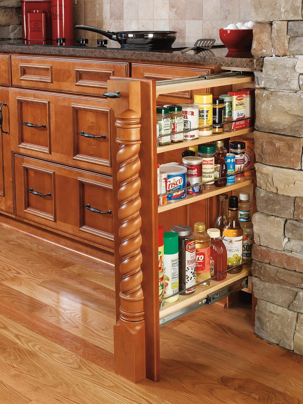 Rev-A-Shelf Pullout Shelf Organizer for Base Kitchen or Bathroom Cabinets, Wood Filler Pantry Storage or Spice Rack, Maple, 9' x 23' x 30', 432-BF-9C