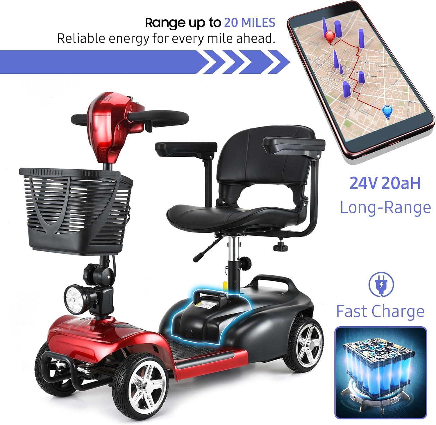 DECOMIL Mobility Scooter for Seniors – 20 Miles Range, 4 Wheel Foldable Electric Scooter, 24V 20Ah Battery, 300W Motor, 285 lbs Capacity, Travel Scooter with USB Charging Input,
