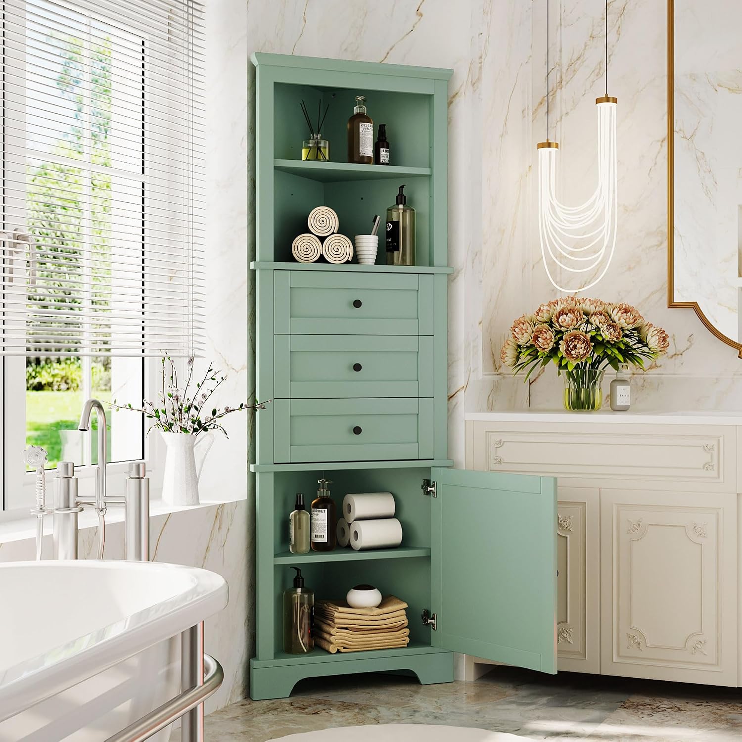 Triangle Tall Bathroom Storage Cabinet, Corner Storage Cabinet | with 3 Drawers, 1 Cabinet & Adjustable Shelves for Bathroom Kitchen Living Room (Green, 23'W x 13.4'D x 68.9'H)