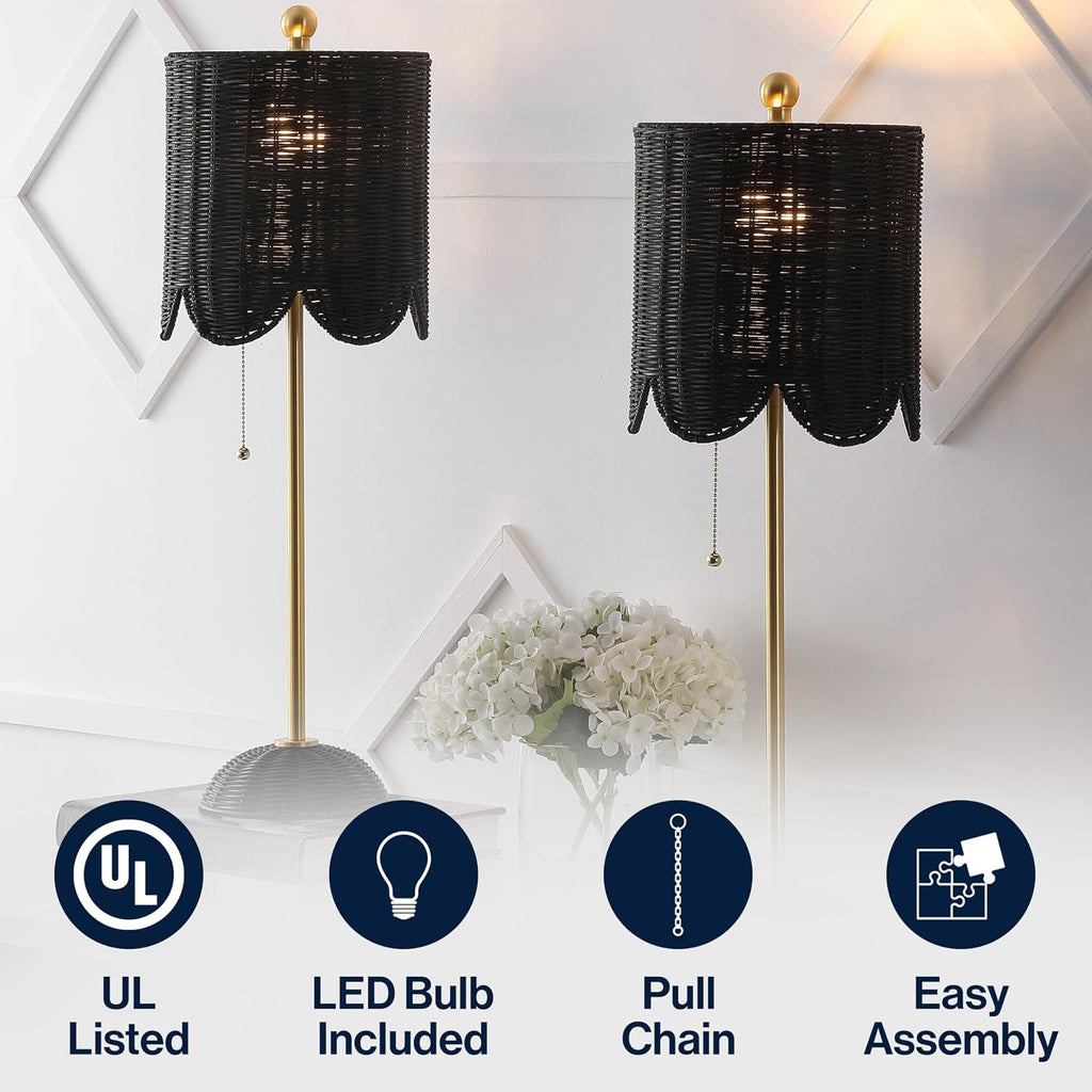 JONATHAN Y 27.5' Black/Brass Gold Coastal Buffet Table Lamp Set of 2 for Bedroom, Boho Table Lamps with Natural Rattan Scalloped Shade, Pull Chain, LED Bulbs Included (JYL1138C-SET2)