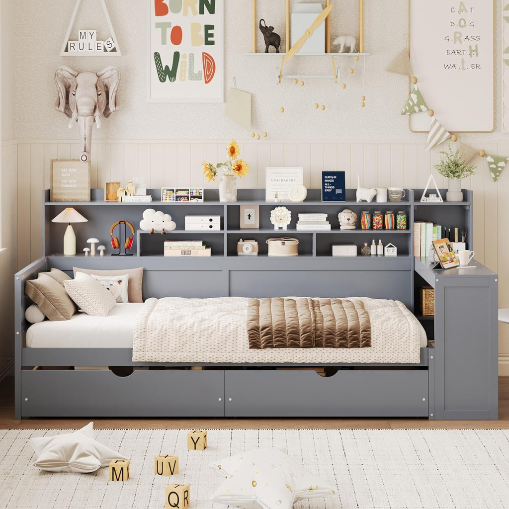 LUMISOL Twin Size Daybed with Storage Drawers, Corner Bed with Bookcase Headboard, Storage Shelves & Study Desk, Solid Wood Bed Frame for Kids, Teens & Adults, Grey