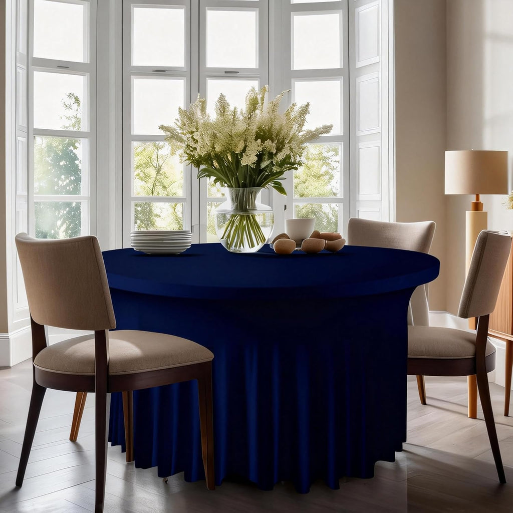 WJWHQ 10 Pack Navy Blue Round Spandex Tablecloths for 60in Tables, 120Inch Stretchy Fitted 5FT Round Table Clothes,Wrinkle Free Table Cover with Skirt for Wedding Party Dining Banquet