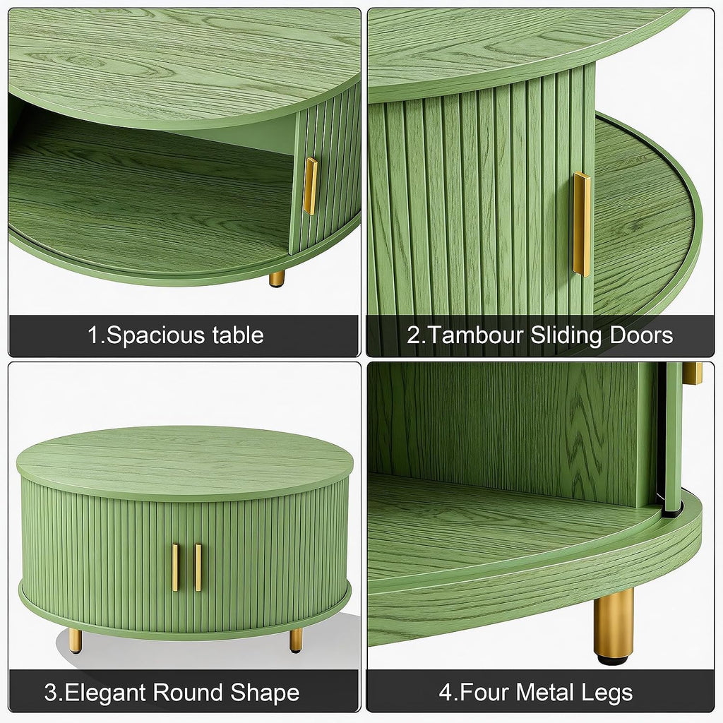 DHH Round Coffee Table, 31.5' Mid Century Modern Coffee Table with 360° Sliding Tambour Door, Fluted Accent Table with Storage Adjustable Footpads for Living Room (Green)