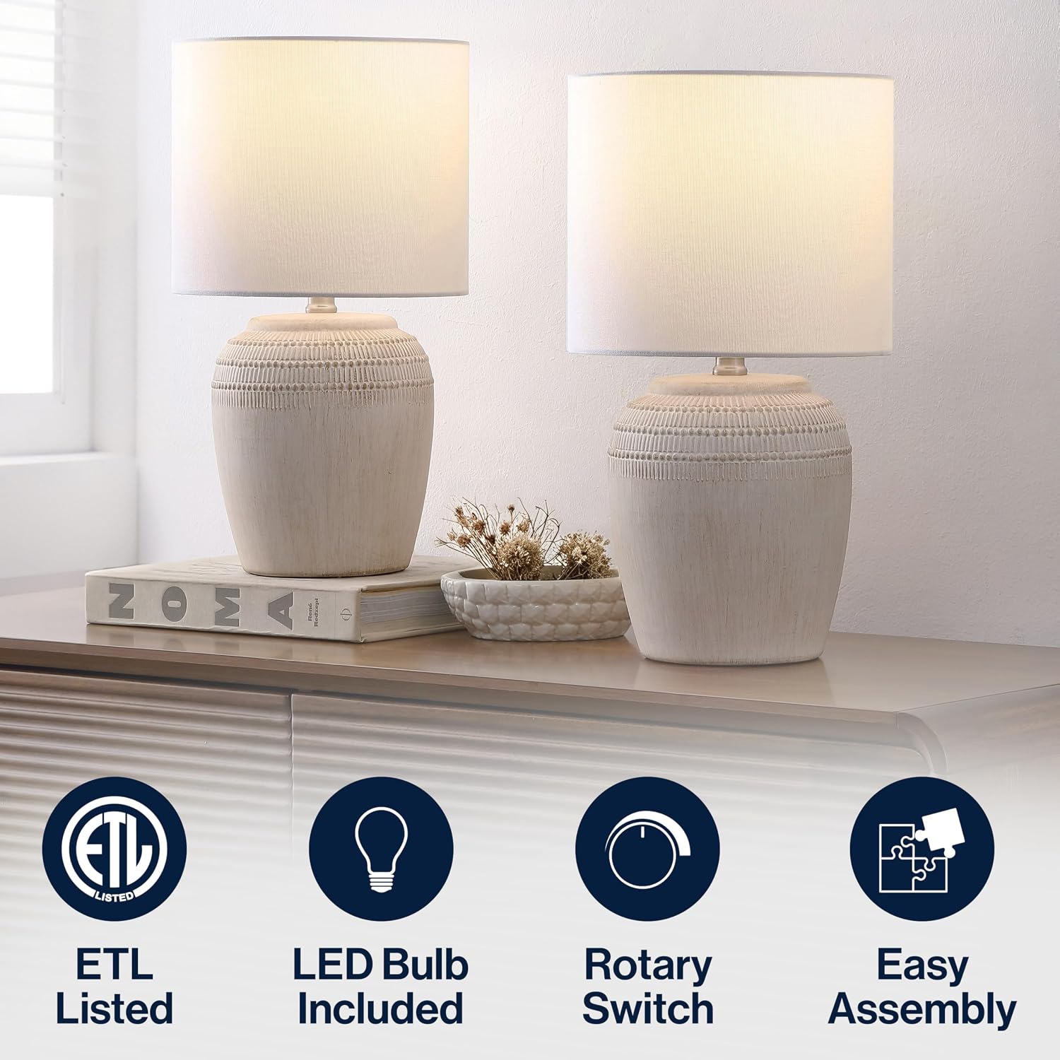 JONATHAN Y 16.75' Antique White/Nickel Ceramic Table Lamp Set of 2, Rustic Traditional Reeded Vase Lamps with White Linen Shade for Bedroom Living Room Decor (JYL5707B-SET2)