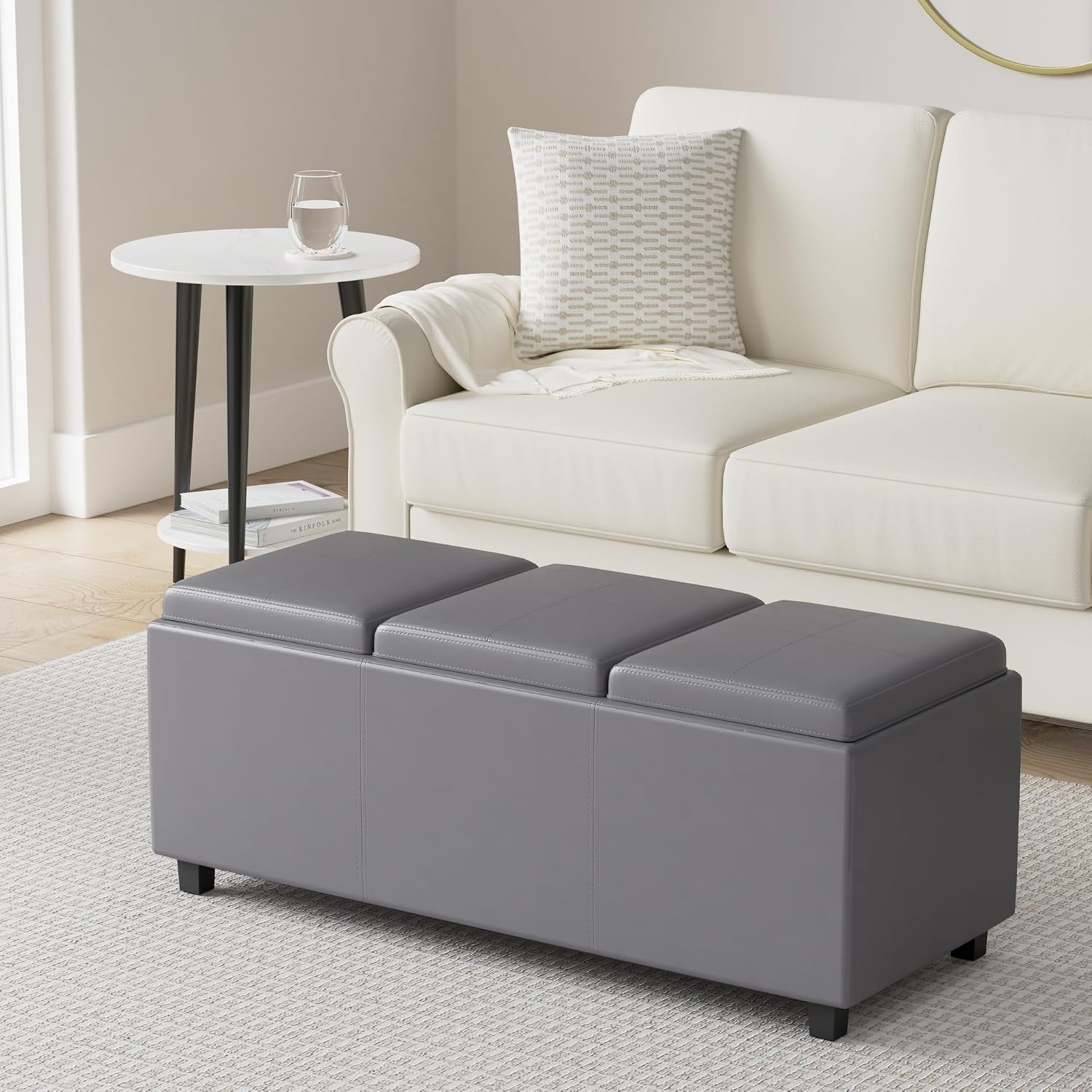 SIMPLIHOME Avalon Storage Ottoman - 42 inch Wide Upholstered Vegan Leather Rectangular Flip-Top Ottoman in Stone Grey, Contemporary Coffee Table Ottoman for Living Room with Hidden Storage